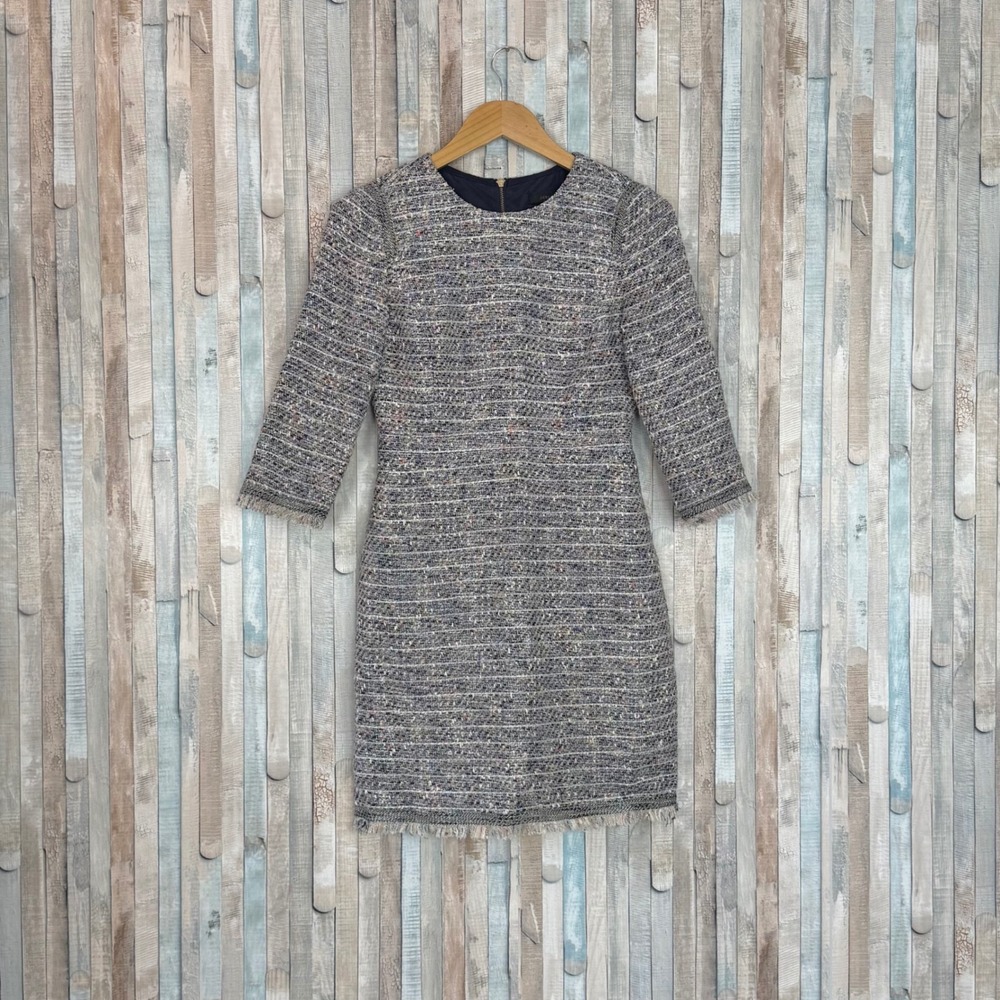 J Crew 4P Boucle Tweed Fringe Fitted Sheath Dress 3/4 Sleeve Career Suiting Blue